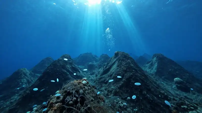 Microscopic plankton drift amidst sunlit deep-sea mountain ridges