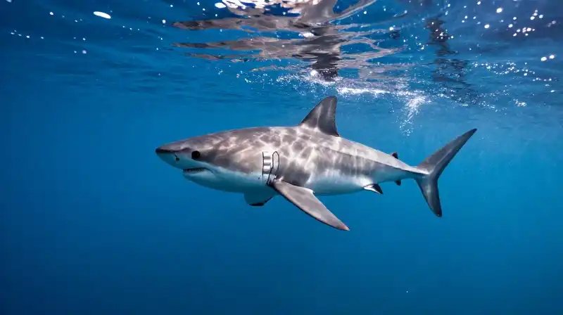 A great white shark swims through sun-dappled blue water
