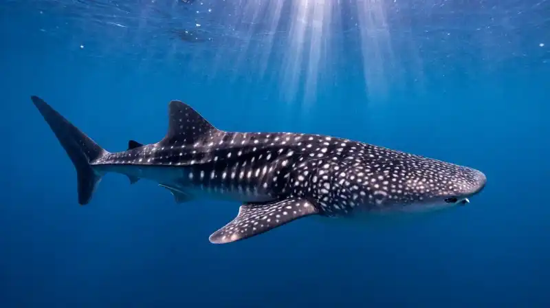 A massive, spotted whale shark swims through deep blue water
