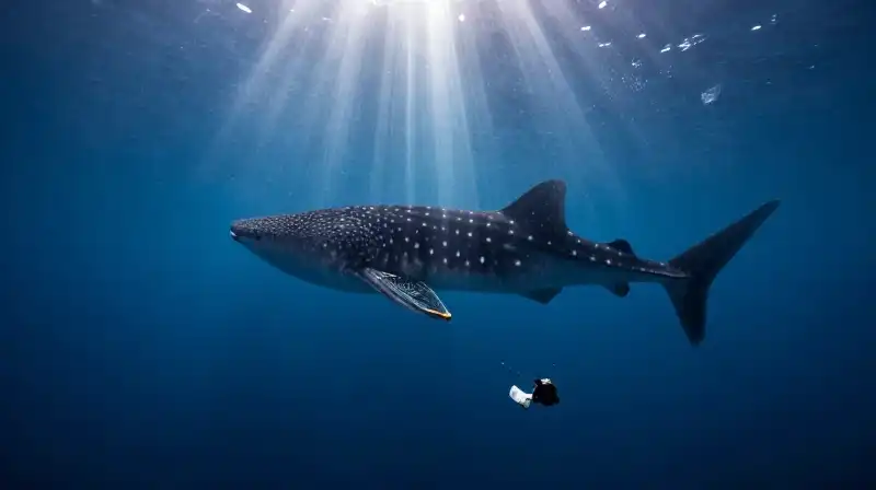 A whale shark swims through debris and sunlit, murky water