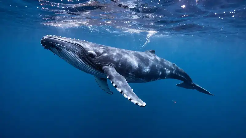 A massive blue whale swims near a tiny grapefruit