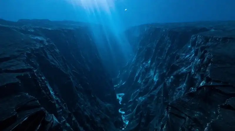 Ethereal light shafts pierce the dark, vast underwater canyon