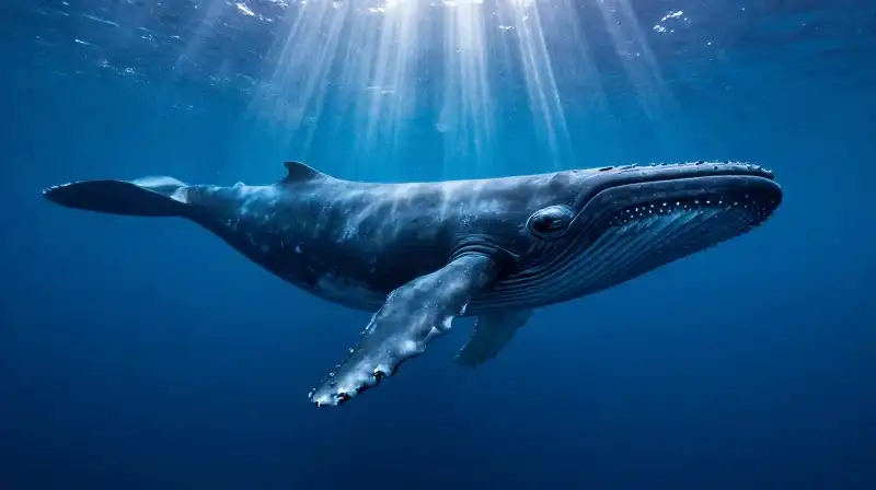 A colossal blue whale silhouette looms in the dark abyss