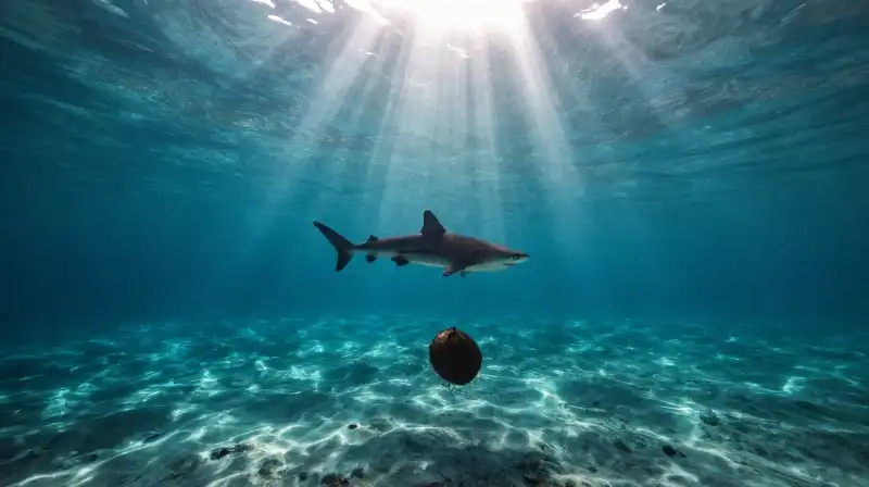 A shark silhouette swims near a falling coconut underwater