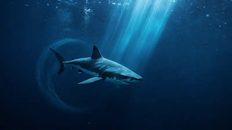 An ancient Greenland shark glides through a dark, deep abyss