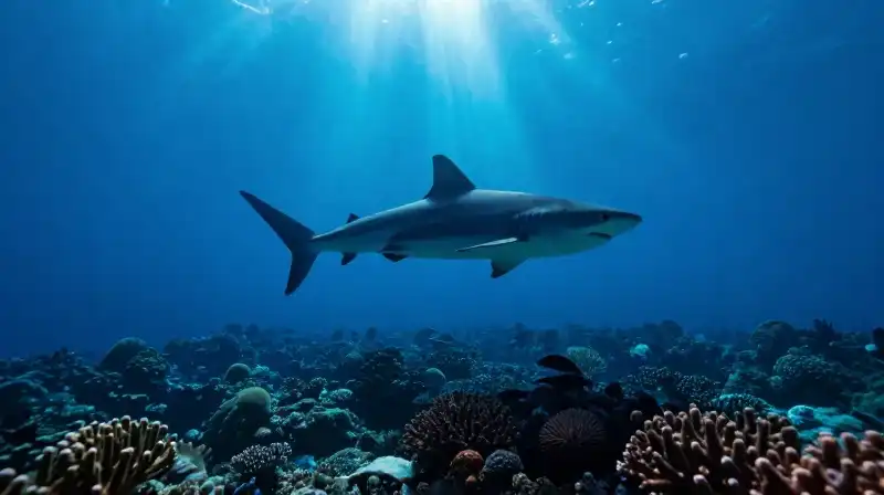 A shark silhouette glides above a vibrant coral reef