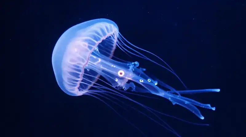 A glowing, translucent jellyfish floats in the deep blue ocean