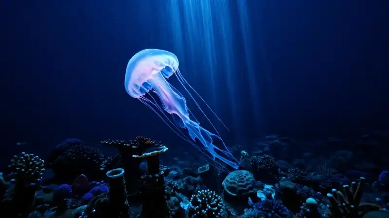 Bioluminescent jellyfish drift through ancient, glowing coral reef structures