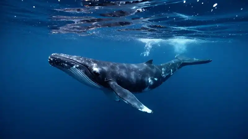A massive finback whale swims through glowing, rippling deep waters