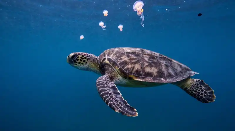 A leatherback turtle swims near jellyfish and drifting plastic