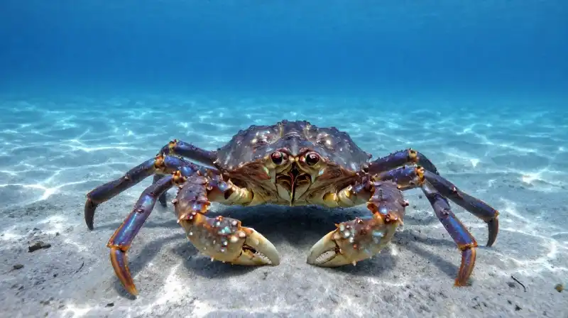 An iridescent blue horseshoe crab crawls across sandy ocean floor
