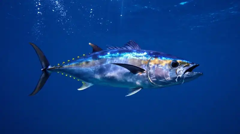 A powerful tuna and translucent jellyfish swim through deep blue