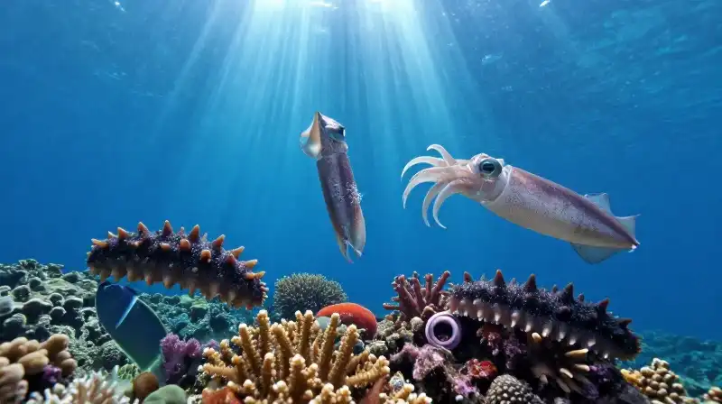 Colorful sea creatures inhabit a vibrant, sunlit coral reef