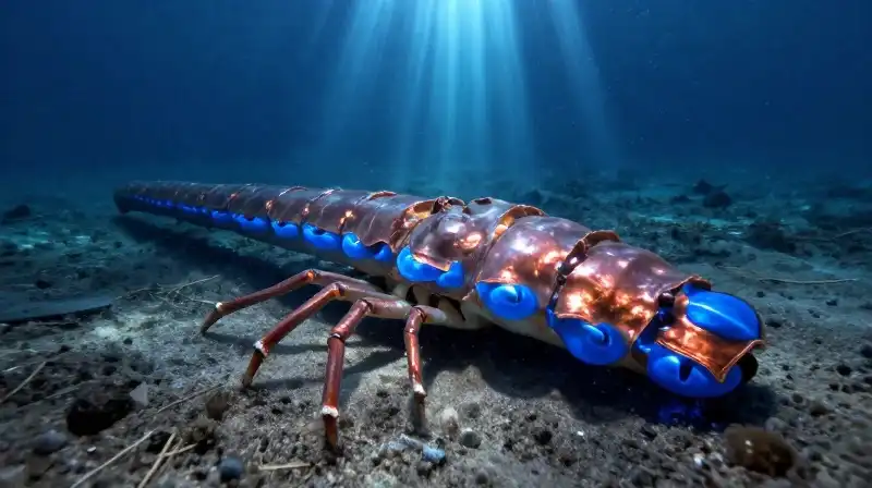 A glowing blue horseshoe crab swims through shimmering copper waters