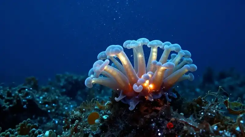 A sea cucumber ejects glowing organs onto the dark seabed