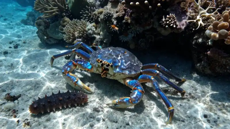 A glowing blue horseshoe crab rests near coral reefs