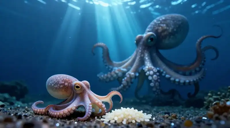 Tiny octopus larvae rest beside a single grain of rice