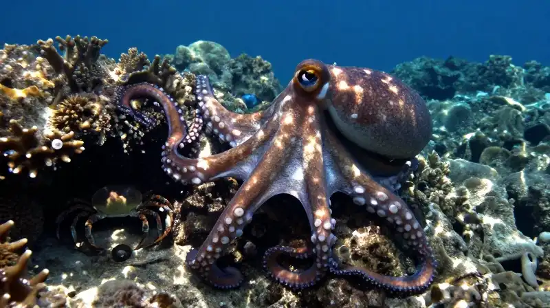 A giant octopus blends into coral near a hiding crab