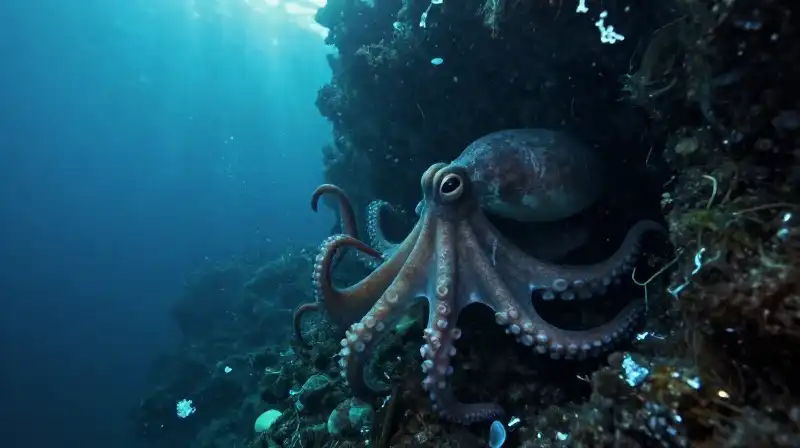 A giant octopus hides among rocks in murky, polluted water