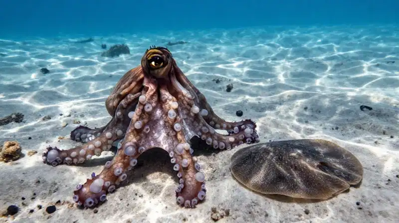 A mimic octopus changes colors on a sandy ocean floor