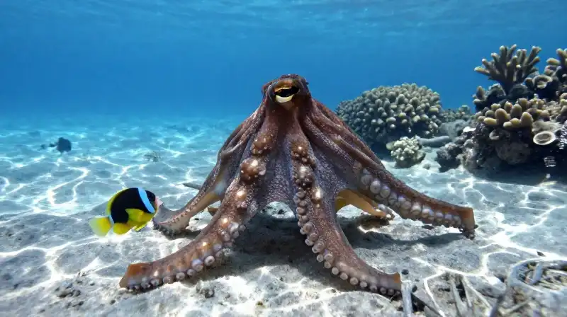 An octopus changes texture near a jawfish on a reef