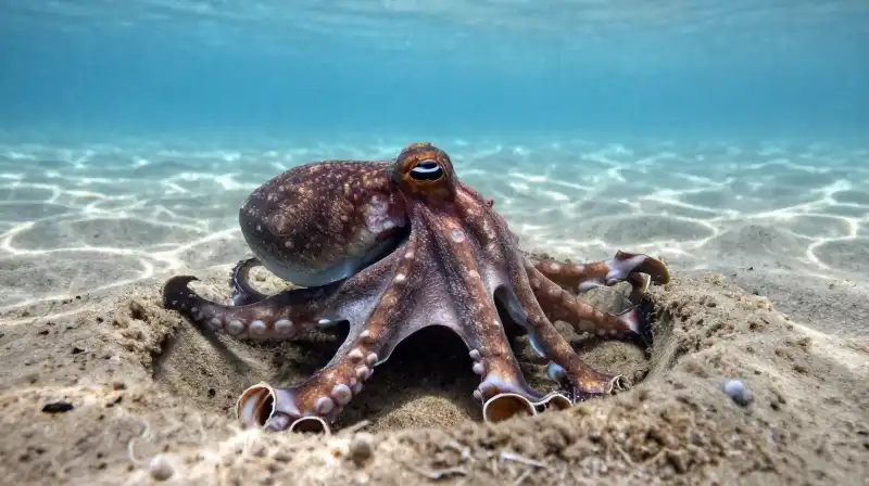 A mimic octopus shifts texture on a silty estuary floor
