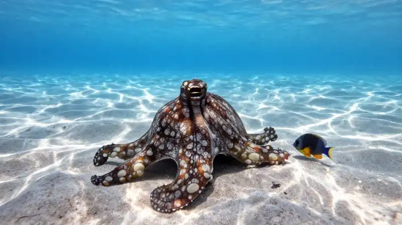 A mimic octopus camouflages near a small jawfish underwater