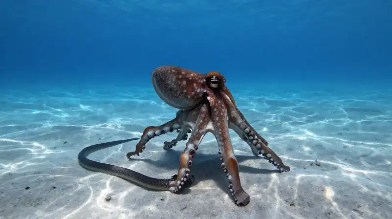 A mimic octopus undulates like a sea snake underwater