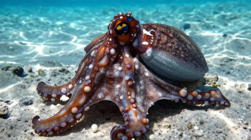 A mimic octopus changes skin textures on a coral seabed