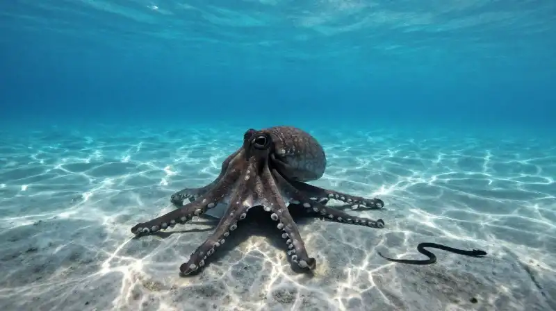 A mimic octopus shifts into a sea snake silhouette