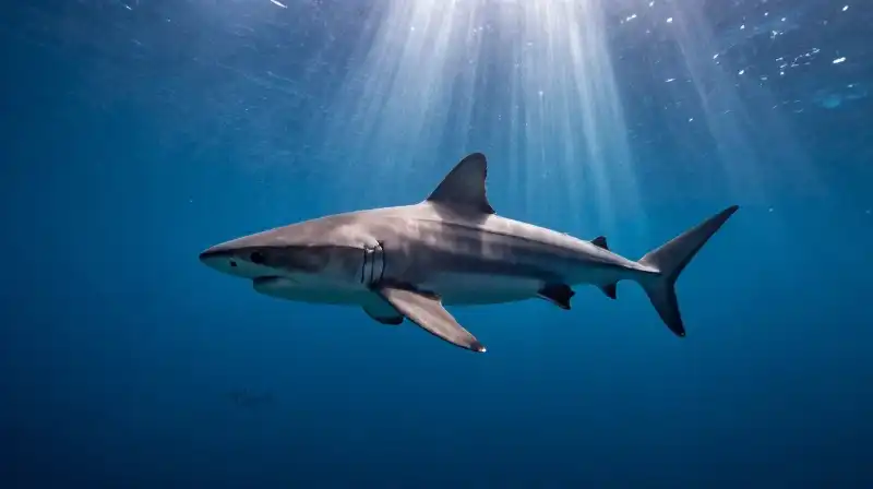 A majestic shark swims through ethereal, sunlit deep blue waters