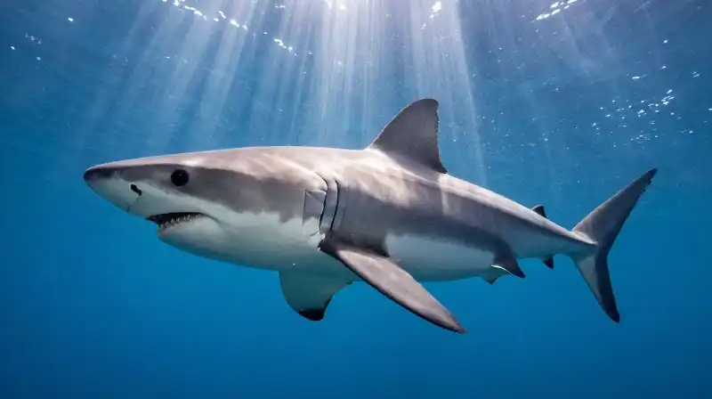 A tiny Great White shark swims through sunlit, deep blue water
