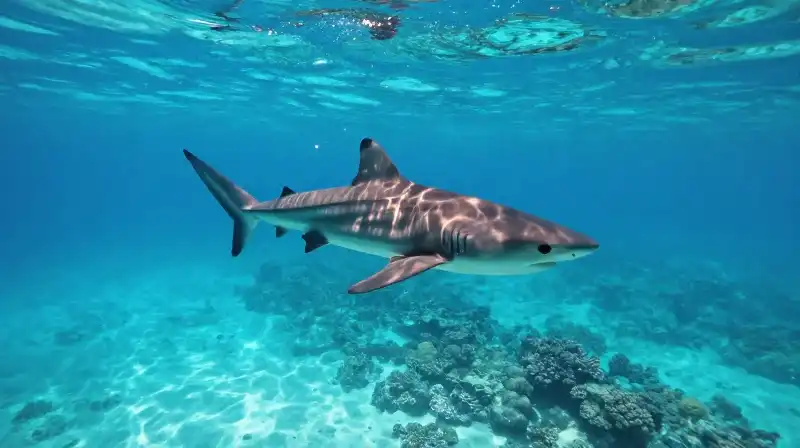 A nurse shark swims near a vibrant coral reef